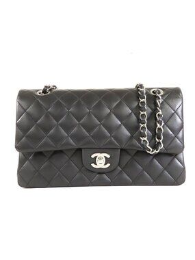 Chanel Classic Black Silver Lambskin Quilted 25 Double Flap Chain Shoulder Bag